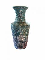 Full view of turquoise ceramic vase front floral design