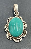 Front view of pendant showing turquoise and silver setting
