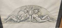 Upper drawing showing nude Adam and Eve seated back-to-back beneath tree with serpent