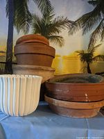 Overall group of terracotta and white ceramic pots on table
