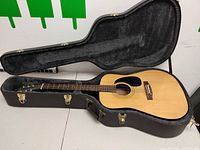 Guitar in open hardshell case, full view