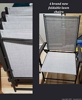 Four folded mesh lawn chairs side by side
