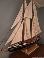 Full port side view of Bluenose model on stand