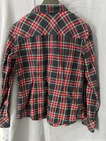 Rear view of full blouse hanging to show pattern and condition