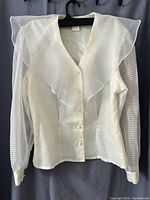 Front view of white sheer striped organza blouse with large collar and buttons
