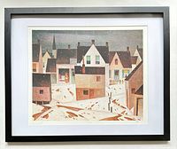 Full view of framed lithograph with black frame and white mat