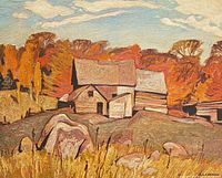 Full view of lithograph artwork showing farm scene