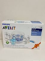 Retail box showing Philips Avent microwave steam sterilizer set