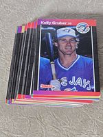 Stack of 1989 Donruss Blue Jays cards with Kelly Gruber on top