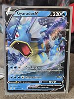 Front view of sleeved Gyarados V 28/203 card