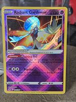 Front of Radiant Gardevoir holographic card in sleeve