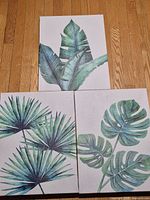 All three canvas prints arranged together showing banana, fan palm, and monstera designs