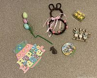 Group shot showing most Easter décor pieces on carpet