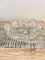 Top view of clear cut crystal bowl, showing pinwheel and hobstar pattern