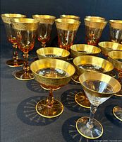 Group of amber wine goblets, amber coupes and clear cocktails showing gold-encrusted laurel rims