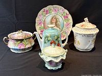 Group shot of all five pieces showing size and decorative motifs