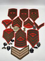 Overall view of cloth patches and metal badges