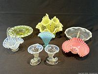 Group view showing all eight opalescent hobnail glass pieces