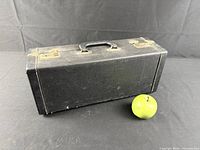 Closed black cornet case with apple for scale