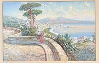 Close view of painting showing coastal scene and signature
