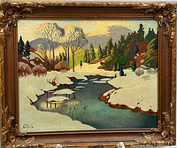 Front view of framed oil painting showing winter landscape and signature Obie