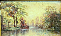 Close view of painted scene showing landscape details