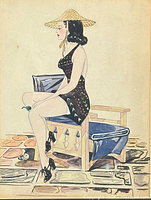 Close view of artwork on paper showing subject and medium