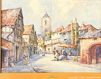 close view of painting showing marketplace scene and signature