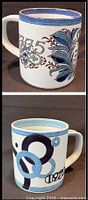 Front and side of both mugs showing designs and handles