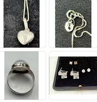 Overview of heart pendant necklace, ring, and earrings