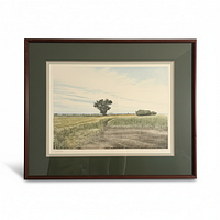 full view of framed etching showing artwork, mats, and frame