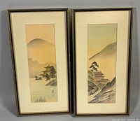 Two framed Japanese landscape artworks side by side