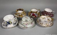 Group image of all six teacup and saucer sets