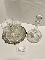 Overall lot showing decanter, four cordial glasses on tray