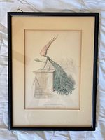 Front view showing framed lithograph, image content, mat and frame