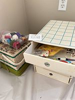 Overall view showing wicker basket stack with bag of threads and storage box