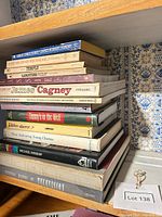 Stack of books on shelf showing most titles and formats