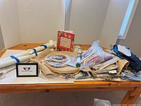 Overall view of embroidery supplies on table