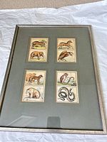 Front view showing six animal prints within green mat and wood frame