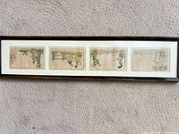 Entire framed collage showing four postcards in long frame