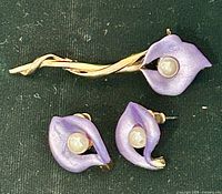 Brooch and earrings front view showing design and enamel finish