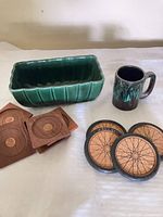 Planter, mug, square wooden coasters, round cork coasters