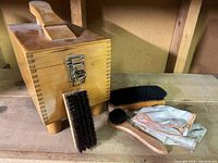 wooden shoe care box, three brushes, cloth