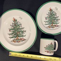 Dinner plate, dessert plate and mug showing Spode Christmas Tree design