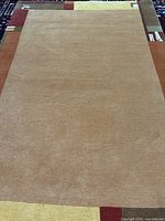 Full view of the rug showing light brown field and multicolour border