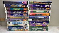 Two stacks of VHS tapes showing all spines for title verification