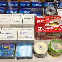 Drive box, CD-RW jewel cases, CD-RW74 boxes, spindles, Verbatim disc
