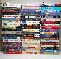 Full frontal view of all VHS stacks showing most spines