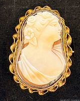 Front view of oval shell cameo brooch showing carved female profile and metal frame