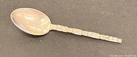 Teaspoon side view showing engraved bowl and patterned handle